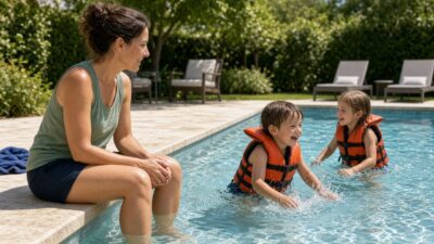 Mom watching closely from the pool edge as two kids in life jackets swim