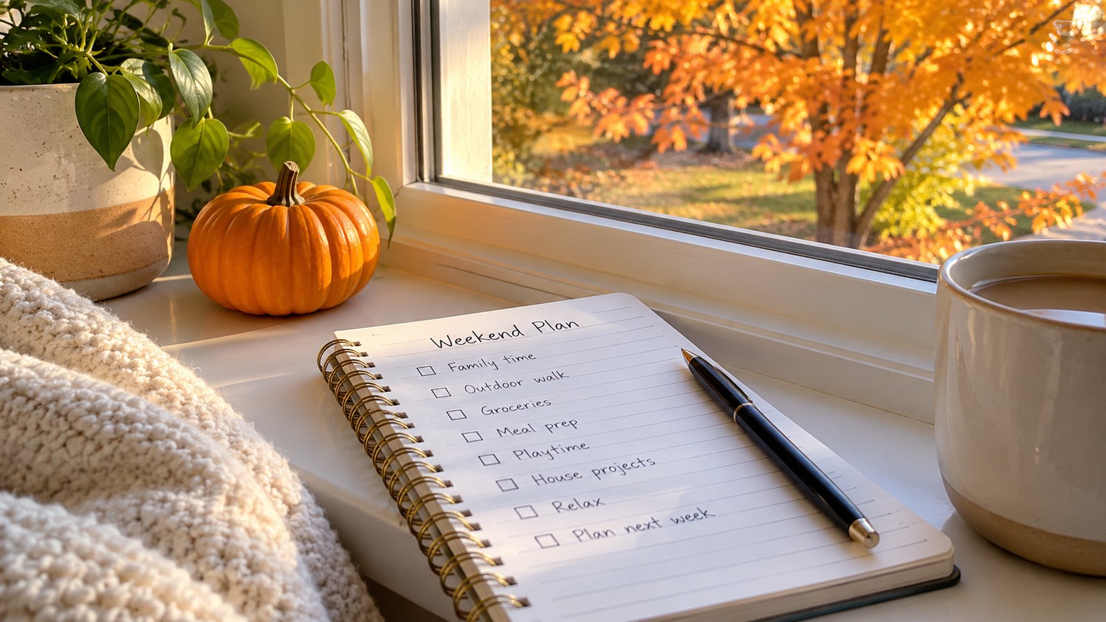 A weekend plan on a notepad on a windowsill with autumn leaves outside - A Simple Plan for the Weekend
