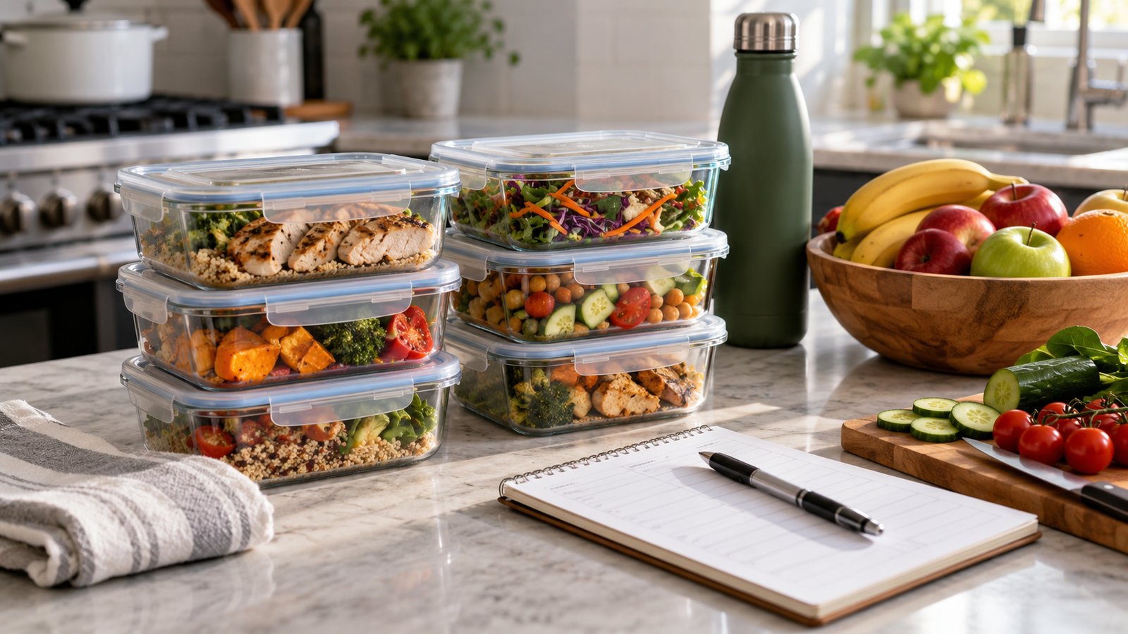 A kitchen packing station with stacked containers, a weekly lunch plan note and a bowl of fruit - Make Packing Easier With a Routine