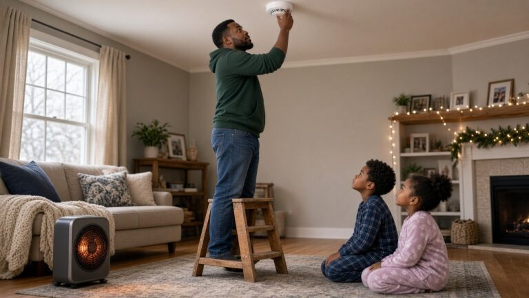 Dad testing a carbon monoxide alarm in a winter living room while his kids watch